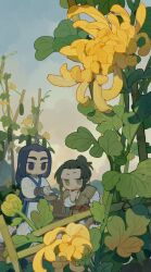  2boys basket beihe_(the_legend_of_luoxiaohei) black_hair blue_eyes blue_hair chibi chibi_only chinese_clothes closed_mouth flower garden hair_bun highres lanxi_zhen long_hair long_sleeves male_focus multiple_boys official_art open_mouth outdoors plant smile the_legend_of_luo_xiaohei wuxian_(the_legend_of_luo_xiaohei) yellow_flower zaoshu 