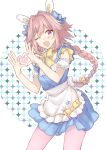  1boy ;d alternate_costume apron blush braid citron_82 enmaided fang fate/apocrypha fate_(series) heart heart_hands long_hair looking_at_viewer maid maid_apron male_focus moe_moe_kyun! one_eye_closed open_mouth pink_hair ponytail rider_of_black smile solo trap 