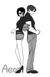  1boy 1girl absurdres ada_wong back-to-back bag black_hair black_shirt black_shoes breasts closed_mouth couple earrings grey_pants grey_skirt greyscale hetero high_heels highres hoop_earrings jewelry leon_s._kennedy looking_at_viewer medium_breasts miniskirt monochrome nowr_art pairing_name pants parted_bangs profile resident_evil shirt shoes short_hair short_sleeves shoulder_bag skirt standing sunglasses white_background 