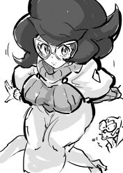  1boy 1girl absurdres big_hair breasts capelet commentary_request faba_(pokemon) facial_hair glasses goatee high-waist_skirt highres korean_commentary large_breasts long_sleeves mature_female medium_skirt monochrome pencil_skirt pokemon pokemon_sun_and_moon ribbed_sweater ryeono_kemo short_hair sketch skirt solo_focus sunglasses sweater tinted_eyewear turtleneck turtleneck_sweater wicke_(pokemon) 