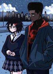  1boy 1girl absurdres black_bodysuit black_hair black_necktie bodysuit dark-skinned_male dark_skin hansoom_(latebirdwakeup) highres hood hooded_jacket jacket marvel miles_morales necktie off-shoulder_sweater off_shoulder peni_parker pleated_skirt print_bodysuit school_uniform shirt short_hair skirt spider-man:_across_the_spider-verse spider-man_(series) spider-verse spider_web_print superhero_costume sweater white_shirt 