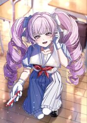  1girl :d black_shoes blue_dress breasts chair choker classroom commentary desk dress drill_hair gloves hair_ribbon hand_in_own_hair highres holding holding_pen hyakumantenbara_salome hyakumantenbara_salome_(school_uniform) indoors long_hair looking_at_viewer nakiri_(krkr74) neckerchief nijisanji open_mouth pantyhose pen puffy_short_sleeves puffy_sleeves purple_hair red_neckerchief ribbon school school_chair school_desk school_uniform shoes short_sleeves smile solo squatting twin_drills violet_eyes virtual_youtuber white_choker white_gloves white_pantyhose white_ribbon wooden_floor 