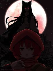  2girls animal_ears backlighting brooch closed_mouth commentary_request dress full_moon gun highres holding holding_gun holding_weapon hood hood_up imaizumi_kagerou jewelry long_hair long_sleeves looking_at_viewer miyo_(user_xstn5827) moon multiple_girls night red_eyes red_hood red_moon red_nails sekibanki short_hair touhou very_long_hair weapon weapon_request white_dress wide_sleeves wolf_ears wolf_girl 