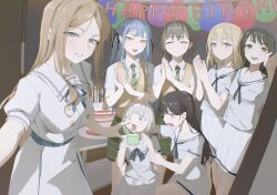  6+girls bang_dream! bang_dream!_it's_mygo!!!!! belt birthday_cake black_hair blue_belt blue_eyes blue_hair blue_ribbon blue_shirt blush brh brown_hair cake chihaya_anon chinese_commentary commentary_request diagonal-striped_clothes diagonal-striped_necktie dress food green_eyes green_necktie green_skirt grey_hair hanasakigawa_school_uniform hand_on_another's_head haneoka_school_uniform happy_birthday highres kaname_raana medium_hair misumi_uika mole mole_under_eye multiple_girls nagasaki_soyo neck_ribbon necktie open_mouth plaid_clothes plaid_skirt puffy_short_sleeves puffy_sleeves ribbon sailor_collar school_uniform serafuku shiina_taki shirt short_hair short_sleeves skirt striped_clothes striped_necktie takamatsu_tomori teeth togawa_sakiko tsukinomori_school_uniform upper_teeth_only violet_eyes white_dress white_hair white_sailor_collar white_shirt white_skirt yahata_umiri yellow_eyes 