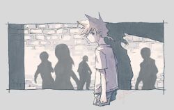  1girl 4boys artist_name blonde_hair border brick_wall child cloud_strife cropped_legs final_fantasy final_fantasy_vii grey_border grey_shorts hair_between_eyes lonely long_hair low_ponytail michibata_65 multiple_boys ponytail shirt short_ponytail short_sleeves shorts signature silhouette spiky_hair t-shirt white_shirt 
