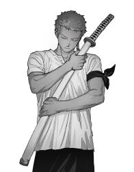  1boy abaraya bandana_around_arm closed_eyes closed_mouth commentary_request earrings greyscale highres holding holding_sheath holding_sword holding_weapon jewelry male_focus monochrome one_piece roronoa_zoro sheath shirt short_hair short_sleeves solo sword upper_body weapon white_background 