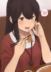  1girl :d adjusting_hair akagi_(kantai_collection) alternate_costume bangs blurry blurry_background brown_eyes brown_hair casual chopsticks collarbone commentary_request dumpling eating food fuyube_gin_(huyube) hair_between_eyes hand_in_hair heart highres jewelry jiaozi kantai_collection long_hair necklace open_mouth plate red_shirt round_teeth shirt short_sleeves sidelocks smile solo speech_bubble spoken_heart straight_hair table tareme teeth tongue upper_body 