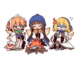  3girls blonde_hair blue_dress blue_eyes blue_hat blue_mittens blue_scarf blunt_bangs blush bonfire brown_hair brown_mittens closed_eyes commentary d: dress drill_hair earmuffs eating fairy fairy_wings food full_body gloom_(expression) green_scarf hair_between_eyes hat headdress highres hime_cut korean_commentary long_sleeves luna_child magg_(user_mtca8588) mittens multiple_girls orange_hair roasted_sweet_potato scarf sitting star_sapphire sunny_milk sweet_potato touhou white_background white_dress wide_sleeves wings yellow_mittens yellow_scarf 