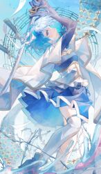  1girl armor blue_eyes blue_hair blue_sky bow breastplate cape commentary_request cutlass feet_out_of_frame floating_hair from_side hair_bow hands_up highres holding holding_sword holding_weapon looking_at_viewer luna_sakurazuki magical_girl mahou_shoujo_madoka_magica mahou_shoujo_madoka_magica_(anime) miki_sayaka miki_sayaka_(magical_girl) musical_note musical_staff saber_(weapon) sky solo star_(symbol) strapless sword thigh-highs thigh_peek underbust water weapon white_bow white_cape white_thighhighs 