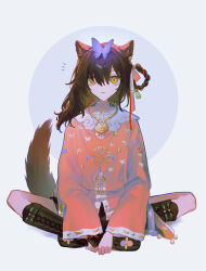  1girl animal_ears animal_print arknights boots brown_boots brown_hair brown_shorts bug butterfly butterfly_hair_ornament butterfly_on_head butterfly_print commentary_request crossed_ankles fang fingerless_gloves gloves hair_between_eyes hair_ornament hair_rings highres jewelry knee_boots long_sleeves lunacub_(arknights) lunacub_(clouds_float_like_ideas_of_art)_(arknights) medium_hair nanashi_74 necklace official_alternate_costume parted_lips pink_shirt shirt shorts single_fingerless_glove single_hair_ring sitting solo tail tassel tassel_hair_ornament white_background wide_sleeves wolf_ears wolf_girl wolf_tail 