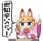  1girl :3 :d animal_ears bell blue_eyes blush_stickers bow bowl bowtie chibi china_dress chinese_clothes chopsticks commentary_request dress eyebrows_visible_through_hair fox_ears hair_bow hand_up jingle_bell kanikama kemomimi_vr_channel long_hair long_sleeves looking_at_viewer lowres nekomasu_(kemomimi_vr_channel) open_mouth red_bow simple_background smile solo translation_request twintails white_background 