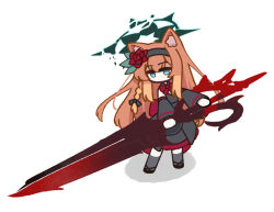  1girl animal_ear_fluff animal_ears apricotlemontea black_dress black_hairband black_shoes blue_archive blue_eyes bow bowtie braid broken_halo cat_ears chibi commentary_request dark_persona detached_sleeves double-parted_bangs dress flower frilled_dress frills green_halo grey_socks hair_between_eyes hair_bow hair_flower hair_ornament hairband halo holding holding_weapon kneehighs long_hair mari_(blue_archive) orange_hair original_terror_(blue_archive) red_bow red_bowtie red_flower shadow shoes sidelocks simple_background single_braid socks solo very_long_hair weapon white_background 