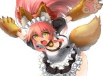  1girl alternate_costume animal_ears apron bell bell_collar breasts cleavage collar enmaided fangs fate/grand_order fate_(series) fox_ears fox_tail hair_ribbon highres large_breasts long_hair looking_at_viewer maid maid_apron maid_headdress makishima_azusa open_mouth paws pink_hair ribbon simple_background solo tail tamamo_(fate)_(all) tamamo_cat_(fate) white_background yellow_eyes 