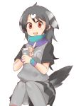  1girl :d bird_tail bird_wings black_hair blue_scarf blush_stickers breast_pocket cellphone eyebrows_visible_through_hair fingernails gradient_scarf grey_hair grey_legwear grey_shirt grey_skirt grey_vest head_wings holding holding_phone index_finger_raised japari_symbol kemono_friends kneehighs knees_together_feet_apart kohaku_(maou_no_tebasaki) long_hair looking_at_viewer multicolored multicolored_clothes multicolored_hair multicolored_scarf open_mouth pantyhose phone pink_legwear pleated_skirt pocket purple_scarf red_eyes rock_pigeon_(kemono_friends) scarf shirt short_sleeves simple_background sitting skirt smartphone smile socks socks_over_pantyhose solo tail tareme vest white_background white_hair wings wristband 