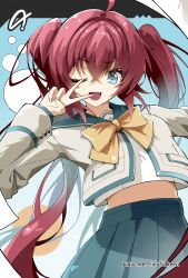  1girl absurdres ahoge blue_eyes blue_skirt bow bowtie commentary_request fang highres jacket julie_stacy kayoupii long_hair looking_at_viewer muv-luv muv-luv_girls_garden one_eye_closed open_mouth pixiv_username red_hair school_uniform shirt skirt solo twintails v v_over_eye very_long_hair white_shirt yellow_bow yellow_bowtie 