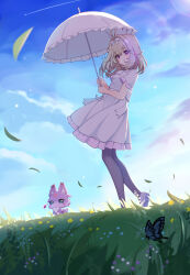  1girl absurdres antenna_hair ascot back_bow bow breasts bug butterfly collared_dress commentary_request dress dress_bow fairy_(precure) frilled_ascot frilled_dress frilled_sleeves frills full_body grass grey_hair grey_pantyhose hair_bow hair_intakes highres holding holding_umbrella mashu-tan medium_hair meitantei_precure! moria_luluka outdoors pantyhose parasol parted_lips precure seitokai_satoo-sgr shoes small_breasts solo standing umbrella violet_eyes white_ascot white_bow white_dress white_shoes 