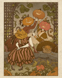  3girls absurdres basket boots border bow brown_boots brown_border brown_bow brown_dress collared_dress commentary dress english_commentary fang fangs frilled_dress frilled_sleeves frills frown grass grey_sky hair_bow halloween highres holding holding_knife jack-o'-lantern knife leaf liz_mamont long_sleeves multiple_girls object_head original outdoors plant pumpkin pumpkin_head pumpkin_seeds seed short_sleeves sitting skin_fangs sky smile stone_wall striped_bow striped_clothes striped_dress trellis vertical-striped_clothes vertical-striped_dress victorian vines warm_colors 