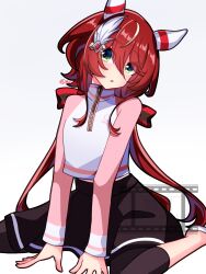  1girl animal_ears black_leggings black_skirt blush breasts casual commentary_request ear_covers green_eyes hair_between_eyes hair_ornament highres horse_ears horse_girl horse_tail jacket leggings leggings_under_skirt long_hair long_sleeves looking_at_viewer low_twintails meineko_lui parted_lips pink_jacket pink_sleeves raglan_sleeves red_hair simple_background skirt small_breasts solo tail twintails umamusume white_background win_variation_(casual)_(umamusume) win_variation_(umamusume) 