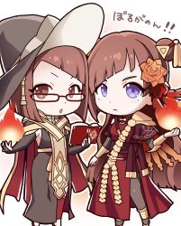  2girls black_hat book brown_hair chibi closed_mouth commentary_request diagonal_bangs fire_emblem fire_emblem:_fortune's_weave fire_emblem_awakening flower glasses hair_flower hair_ornament hat highres holding holding_book holding_flame hong_hua_(fire_emblem) in-franchise_crossover looking_at_viewer miriel_(fire_emblem) mole mole_under_eye multiple_girls red_eyes tassel tassel_hair_ornament translation_request tsujii_luki violet_eyes white_background witch_hat 
