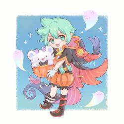  2boys animal_ears artist_name bear_boy bear_ears black_bow black_bowtie bow bowtie dragalia_lost english_commentary full_body ghost gloves holding holding_pumpkin hood hood_down horns lowen_(dragalia_lost) male_focus maritimus_(dragalia_lost) mootecky multiple_boys official_alternate_costume open_mouth pumpkin smile white_gloves 