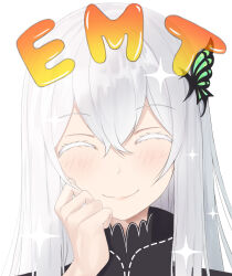  1girl absurdres black_dress bug butterfly butterfly_hair_ornament close-up closed_eyes closed_mouth dress echidna_(re:zero) english_text green_butterfly hair_between_eyes hair_ornament hand_on_own_face highres light_blush long_hair nose re:zero_kara_hajimeru_isekai_seikatsu smile solo tti_tti white_background white_hair 