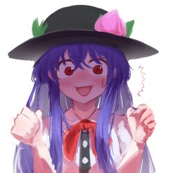  1girl :d ^^^ absurdres black_hat blue_hair blush bow bowtie buttons commentary constricted_pupils dot_nose hair_between_eyes hands_up hat hat_ornament highres hinanawi_tenshi leaf_hat_ornament long_hair looking_at_viewer nose_blush one-hour_drawing_challenge open_mouth peach_hat_ornament red_bow red_bowtie red_eyes short_sleeves sidelocks simple_background smile solo straight-on suwa_(au_swap) sweatdrop touhou upper_body white_background wide-eyed 