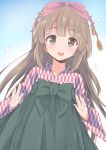  1girl brown_eyes brown_hair eyebrows_visible_through_hair gradient gradient_background hair_ribbon idolmaster idolmaster_cinderella_girls japanese_clothes long_hair looking_at_viewer marimo_kei ribbon smile tagme wide_sleeves yorita_yoshino 