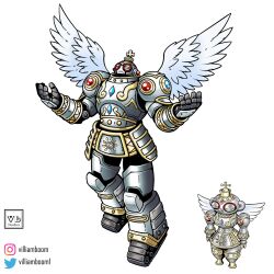  alternate_costume animate_object armor claws commentary covered_eyes demon digimon digimon_(creature) digimon_adventure_02 doguu english_commentary glowing green_armor helmet highres mask no_humans oridigi red_helmet shakkoumon simple_background villiam_boom white_background white_wings wings 