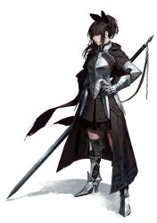  1girl armored_boots black_boots black_bow boots bow brown_hair brown_hood chain couter cuirass dongho_kang facing_to_the_side fantasy full_body gambeson gauntlets greatsword hair_bow hair_over_eyes hand_on_own_hip high_heel_boots high_heels highres hood hood_down lips medium_hair nose original parted_lips ponytail profile rerebrace shadow sidelocks simple_background solo standing sword thigh_boots thighs third-party_source weapon white_background 