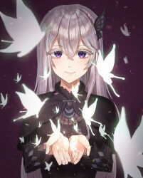  1girl black_dress breasts bug butterfly butterfly_hair_ornament commentary_request dress echidna_(re:zero) green_butterfly grey_butterfly hair_between_eyes hair_ornament highres light_particles long_hair looking_at_viewer medium_breasts purple_background re:zero_kara_hajimeru_isekai_seikatsu reaching smile solo tangerine_honey white_hair witch 