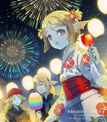  1girl 2boys aerial_fireworks azbar_(dragon_quest) bandana blonde_hair blue_skin blunt_sidelocks bright_pupils candy_apple child closed_eyes colored_skin commentary_request cotton_candy dragon_quest dragon_quest_x festival fins fireworks fish_boy fish_girl floral_print flower food frown hair_flower hair_ornament head_fins holding holding_candy_apple holding_cotton_candy holding_food hyuuza_(dq10) japanese_clothes kimono lantern long_hair low_ponytail monster_boy monster_girl morning_glory_print multiple_boys night open_mouth paper_lantern ponytail red_bandana red_flower red_sash sash short_twintails sidelocks smile somya_(dq10) spica5577 summer_festival twintails violet_eyes white_kimono white_pupils yukata 