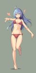  +_+ /\/\/\ 1girl ahoge bare_legs barefoot bikini blue_hair breasts eyebrows_visible_through_hair full_body grey_background grin hair_between_eyes heart highres long_hair medium_breasts navel outstretched_arms outstretched_hand red_bikini saiste simple_background smile solo standing standing_on_one_leg swimsuit symbol-shaped_pupils violet_eyes 
