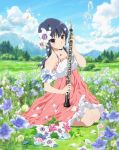  1girl artist_request bare_shoulders beamed_quavers black_hair blurry blush clouds cloudy_sky day depth_of_field dress field flower flower_field glass_slipper hair_flower hair_ornament hibike!_euphonium highres instrument lake long_hair musical_note oboe official_art quaver red_eyes shoes_removed sitting sky smile solo treble_clef wariza white_dress yoroizuka_mizore 