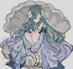  1girl bare_shoulders black_shoes bow choker closed_eyes closed_mouth commentary_request detached_sleeves dress enu_o4 eyelashes facing_viewer fins flower frilled_choker frills full_body genshin_impact gradient_hair green_hair hair_flower hair_ornament hair_over_one_eye head_fins highres jewelry long_hair long_sleeves multicolored_hair necklace pearl_hair_ornament puffy_detached_sleeves puffy_long_sleeves puffy_sleeves purple_hair seashell shell shoes sidelocks simple_background sitting sleeveless sleeveless_dress solo two-tone_hair very_long_hair vodyanitsa_(genshin_impact) wavy_hair white_background white_bow white_choker white_dress white_flower white_sleeves wide_sleeves 