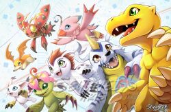  agumon blue_eyes bug claws colored_skin commentary digimon digimon_(creature) digimon_adventure digimon_crest digimon_day dinosaur english_commentary gabumon gomamon green_eyes group_picture horns lizard open_mouth orange_scales orange_skin palmon patamon piyomon red_eyes seyumei sharp_teeth short_hair simple_background single_horn smile tailmon teeth tentomon wings 
