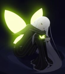  1girl absurdres black_background black_dress breasts bug butterfly butterfly_wings cedric_(gear_art) commentary dress echidna_(re:zero) evil_smile glowing_butterfly green_butterfly grey_eyes grin hair_between_eyes highres insect_wings long_hair looking_at_viewer medium_breasts re:zero_kara_hajimeru_isekai_seikatsu reaching seductive_smile sitting smile solo white_hair wings 