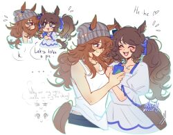  +_+ 2girls absurdres animal_ears bare_shoulders beanie blue_eyes blush breasts brown_hair calamity_brezze cellphone closed_eyes closed_mouth commentary dress ears_through_headwear hair_between_eyes hat highres holding holding_phone horse_ears horse_girl horse_tail long_hair multiple_girls nakayama_festa_(umamusume) open_mouth phone smartphone smile tail tank_top tosen_jordan_(umamusume) twintails umamusume untranslatable_commentary violet_eyes white_dress white_tank_top 