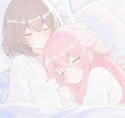  2girls absurdres blush brown_hair closed_eyes closed_mouth commentary couple cuddling double-parted_bangs girl_on_top hair_between_eyes hand_on_another's_head head_on_pillow highres kagari_mimi kimi_ga_shinu_made_koi_wo_shitai long_sleeves lorian_(ahrs3558) lying medium_hair multiple_girls on_back on_bed on_side pillow shirt sleeping_together sleepwear totsuki_shiina under_covers upper_body white_shirt yuri 