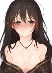  1girl absurdres bare_shoulders blue_eyes blush breasts brown_hair cardigan cleavage earrings full-face_blush highres hplay idolmaster idolmaster_cinderella_girls jewelry long_hair looking_at_viewer looking_away medium_breasts necklace off_shoulder open_clothes school_uniform shibuya_rin sketch solo upper_body 