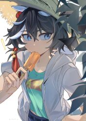  ! 1girl akcut_e alternate_costume animal_ears black_hair blue_eyes blue_pants blue_shirt crossed_bangs food food_in_mouth hair_ornament hat highres holding holding_food holding_popsicle hood hoodie horse_ears horse_girl katsuragi_ace_(umamusume) leaf looking_to_the_side medium_hair multicolored_hair multicolored_shirt open_clothes open_hoodie pants popsicle popsicle_in_mouth print_shirt red_shirt shirt sleeves_rolled_up solo straw_hat streaked_hair tassel tassel_hair_ornament umamusume white_hoodie white_streaks yellow_shirt 