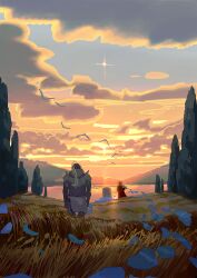  2others ambiguous_gender armor blue_petals blue_sky character_request clouds cloudy_sky colorful denis_istomin evening field flock from_behind full_armor fullmetal_alchemist horizon lake landscape multicolored_sky multiple_others orange_sky outdoors petals scenery simple_bird sky standing sunset tombstone tree wide_shot 