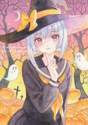  1girl artist_name bare_tree black_hat black_shirt black_skirt bob_cut closed_mouth commentary cowboy_shot crescent_moon cross english_text finger_to_own_chin flat_chest ghost grey_eyes halloween hat hat_ribbon highres inverted_bob jack-o'-lantern k.nishiyama long_sleeves looking_at_viewer moon neckerchief night original painting_(medium) pleated_skirt ribbon sailor_collar sailor_shirt school_uniform serafuku shirt short_hair skirt smile solo sunset traditional_media tree watercolor_(medium) watermark white_hair witch_hat yellow_neckerchief yellow_ribbon 