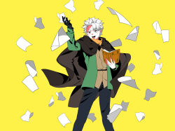  1boy :d black_eyes black_hands black_pants book colored_extremities commentary_request enryoooo grey_eyes highres holding holding_book male_focus natsuki_subaru open_book open_mouth pages pants re:zero_kara_hajimeru_isekai_seikatsu re:zero_kara_tsugihagu_isekai_seikatsu scar scar_on_face simple_background smile solo translation_request white_hair yellow_background 