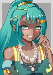  1girl absurdres blue_eyes blue_hair dark-skinned_female dark_skin esmeralda_sinza evil_grin evil_smile fire_emblem fire_emblem:_fortune's_weave grin highres jewelry long_hair looking_at_viewer necklace pearl_necklace ponytail shaded_face smile zipperqr 
