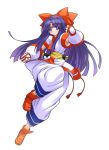  1girl ainu_clothes armpits black_hair blue_eyes bow fingerless_gloves full_body gloves hair_bow hair_ribbon hairband kageyama_shinobi long_hair nakoruru red_bow ribbon samurai_spirits short_sleeves smile solo weapon 