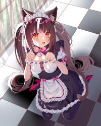  1girl :3 :d absurdres animal_ear_fluff animal_ears apron backlighting bell black_dress black_thighhighs blunt_bangs blush bow bowtie breasts brown_eyes brown_hair buttons cat_ears cat_girl cat_tail checkered_floor chocola_(nekopara) commentary curtains double-breasted dress dress_bow eyelashes eyes_visible_through_hair frilled_apron frilled_dress frills full_body hair_bow hair_ribbon hands_up heart_button high_heels highres indoors jingle_bell long_hair looking_at_viewer maid maid_headdress medium_breasts medium_dress neck_bell nekopara open_mouth paw_pose pikachugirl140 pink_bow pink_bowtie puffy_short_sleeves puffy_sleeves red_shoes ribbon shoes short_sleeves sidelocks sitting sleeve_bow slit_pupils smile solo tail thigh-highs twintails very_long_hair waist_apron wariza white_apron white_ribbon white_wrist_cuffs window wrist_cuffs 