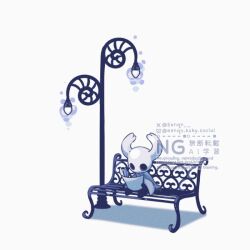  1other artist_name bench black_eyes black_skin cloak colored_skin commentary eenqn full_body grey_cloak holding holding_map holding_paper hollow_eyes hollow_knight horned_mask knight_(hollow_knight) lamppost map mask on_bench paper simple_background sitting watermark white_background white_mask 