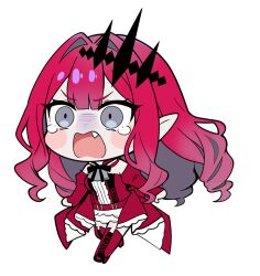  1girl baobhan_sith_(fate) baobhan_sith_(first_ascension)_(fate) bare_shoulders boots breasts center_frills chibi commentary_request detached_collar detached_sleeves dress fate/grand_order fate_(series) frills grey_eyes highres long_hair oji_(drawingchinchin) open_mouth pink_hair pointy_ears red_dress sidelocks solo tearing_up thigh_boots tiara 