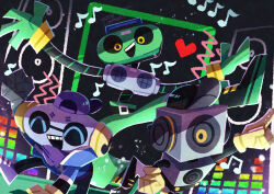  3boys absurdres backwards_hat baseball_cap cap'n_(deltarune) closed_eyes commentary_request deltarune hat highres k_k_(deltarune) looking_at_viewer multiple_boys musical_note one-eyed open_mouth purple_hat robot speaker sweet_(deltarune) teeth upper_teeth_only utdr_(toby_fox) watawata22 yellow_eyes 