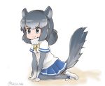  1girl animal_ears artist_name chinchilla_(kemono_friends) fur_trim gloves grey_eyes grey_hair kemono_friends miniskirt pantyhose simple_background sitting skirt solo tail tatu_nw white_background 